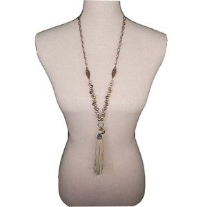 Chicos Tassel Necklace Metal Beads Neutral Tones 21-24" Adjustable $55.50 NEW